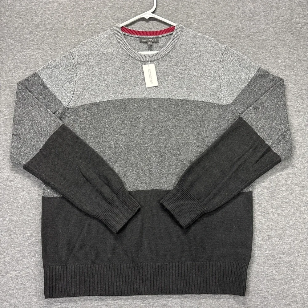 BANANA REPUBLIC‎ EXTRA FINE MERINO WOOL CREW NECK SWEATER MENS XL GRAY BLACK NEW
